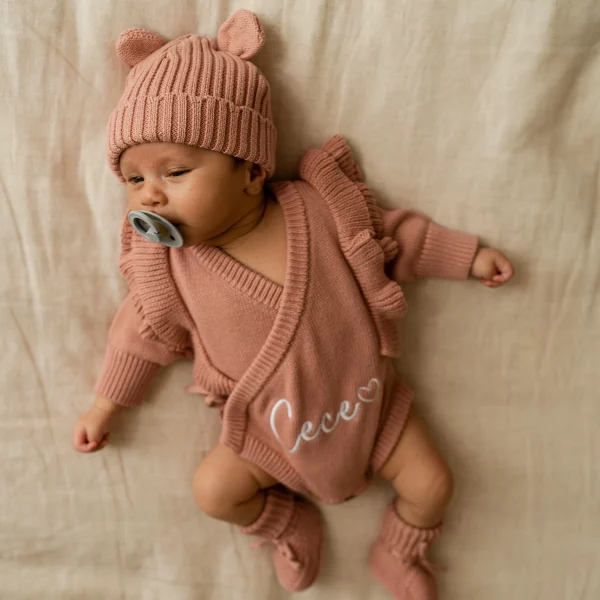 Knitted Legless Frill Romper, Hat & Booties Set - Organic Cotton