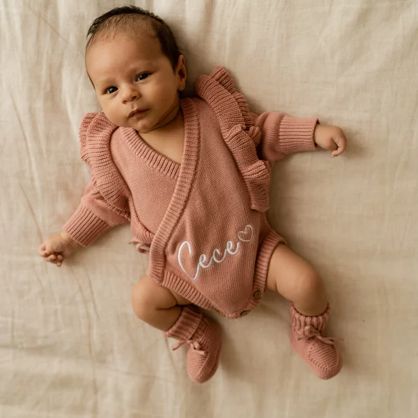 Knitted Legless Frill Romper, Hat & Booties Set - Organic Cotton