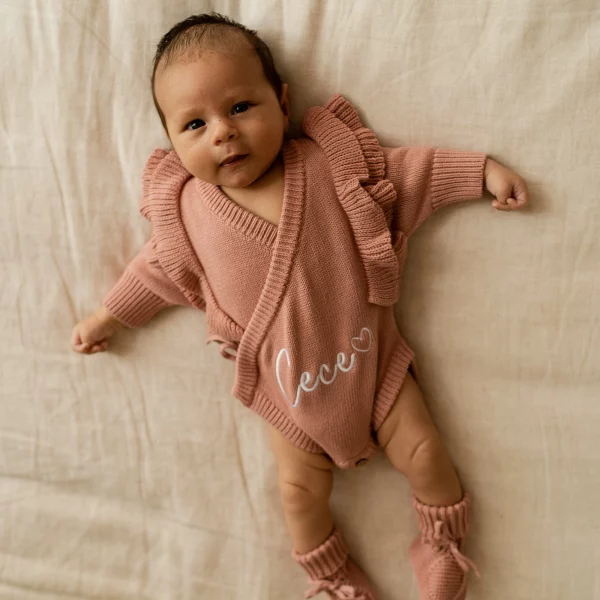 Knitted Legless Frill Romper, Hat & Booties Set - Organic Cotton