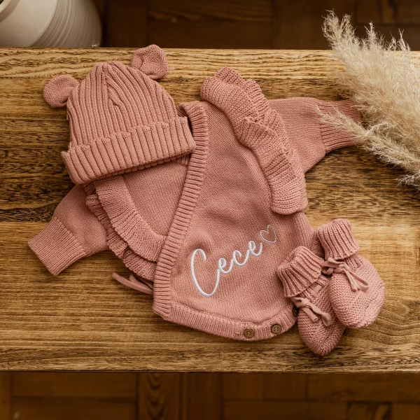 Knitted Legless Frill Romper, Hat & Booties Set - Organic Cotton