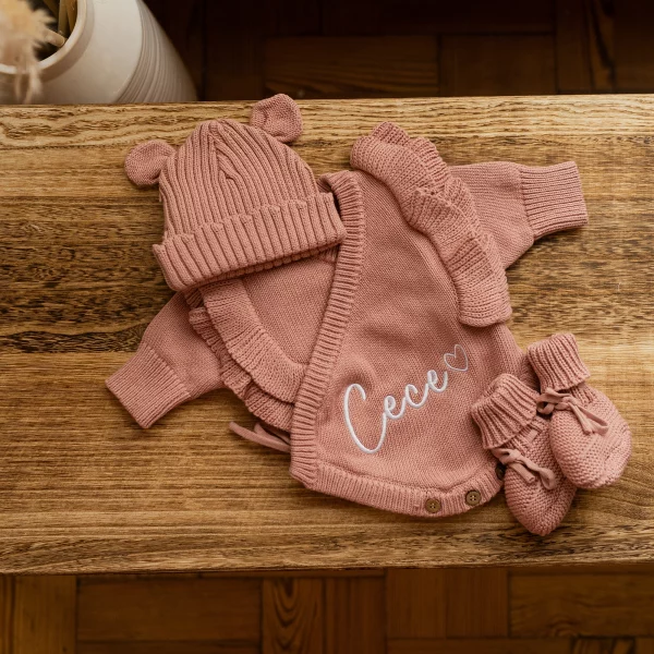 Knitted Legless Frill Romper, Hat & Booties Set - Organic Cotton