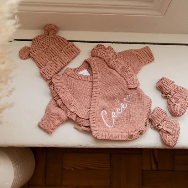 Knitted Legless Frill Romper, Hat & Booties Set - Organic Cotton