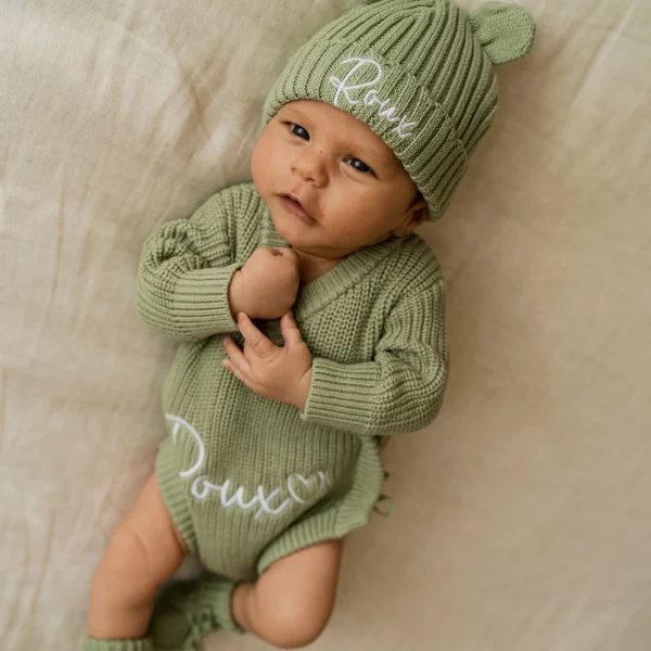 Knitted Legless Ribbed Romper, Hat & Booties Set - Organic Cotton