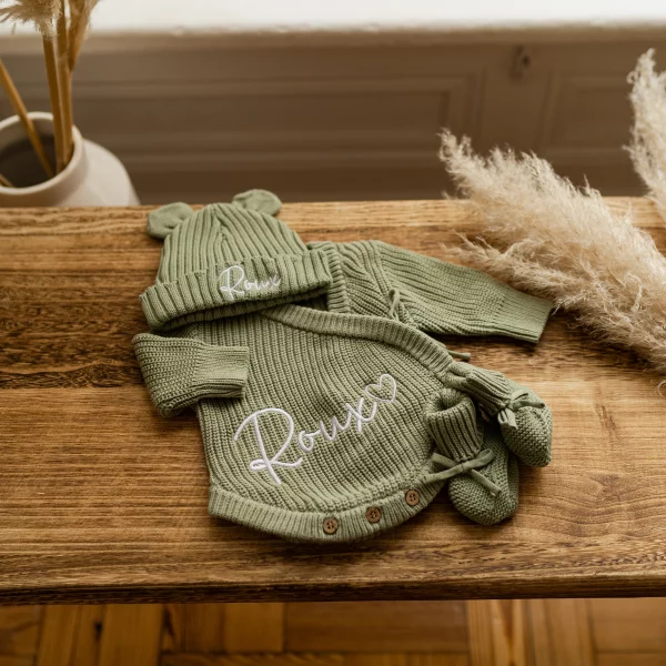 Knitted Legless Ribbed Romper, Hat & Booties Set - Organic Cotton