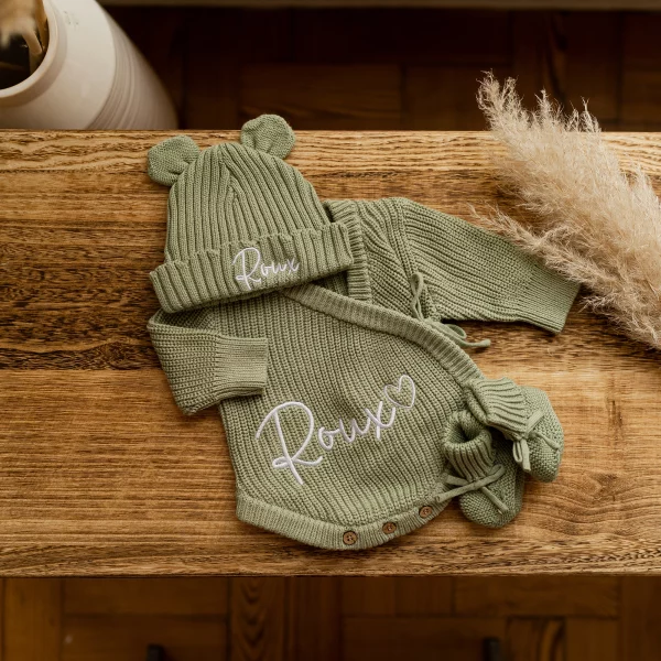 Knitted Legless Ribbed Romper, Hat & Booties Set - Organic Cotton