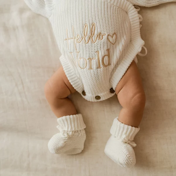 Knitted Legless Hello World Romper, Hat & Booties Set - Organic Cotton
