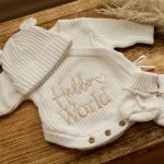 Knitted Legless Hello World Romper, Hat & Booties Set - Organic Cotton