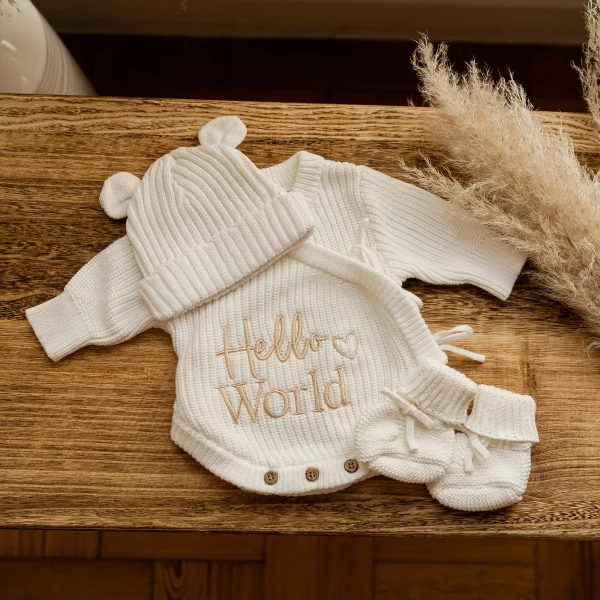Knitted Legless Hello World Romper, Hat & Booties Set - Organic Cotton