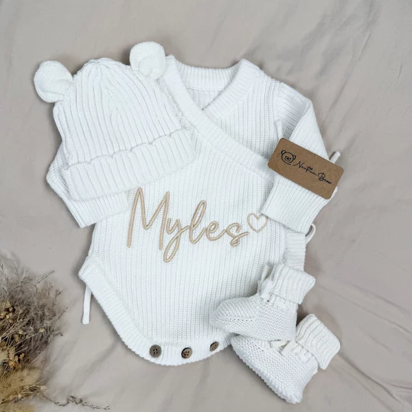 Knitted Legless Ribbed Romper, Hat & Booties Set - Organic Cotton