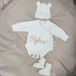 Knitted Legless Ribbed Romper, Hat & Booties Set - Organic Cotton