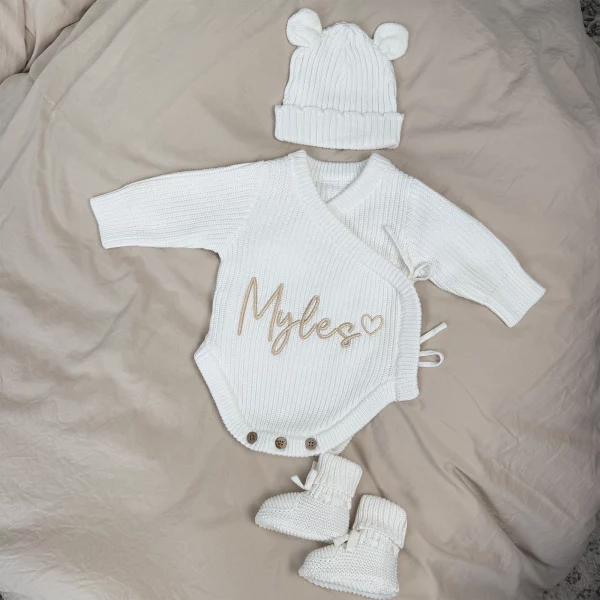 Knitted Legless Ribbed Romper, Hat & Booties Set - Organic Cotton