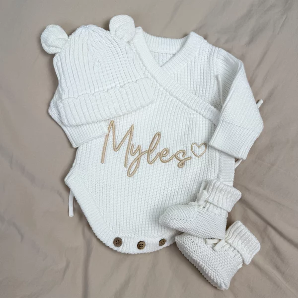 Knitted Legless Ribbed Romper, Hat & Booties Set - Organic Cotton