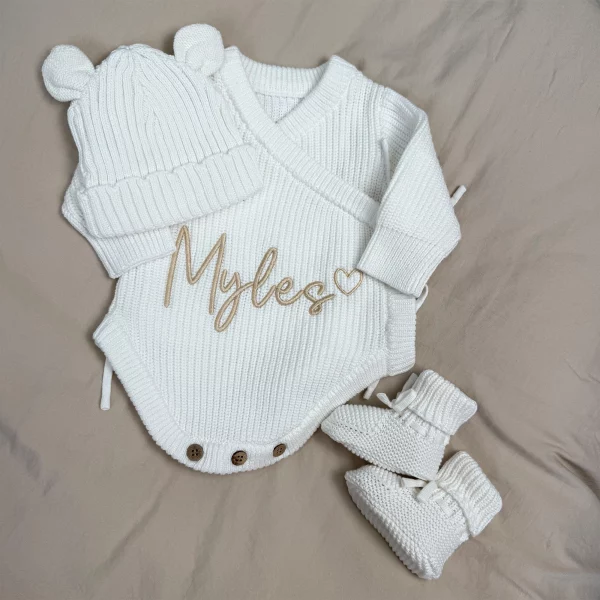 Knitted Legless Ribbed Romper, Hat & Booties Set - Organic Cotton
